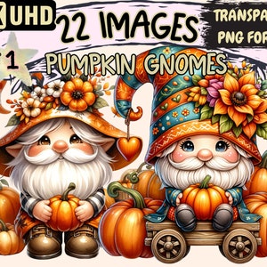 Pumpkin Gnomes Clipart - 22 PNG Cute Autumn Gnome Graphics, PumpkinPrintables, Instant Digital Download, Unlimited Commercial Use for Crafts