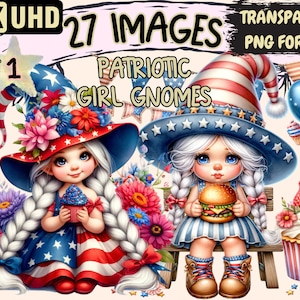 Patriotic Girl Gnomes Clipart - 27 PNG Festive Gnome Graphics, 4th of July Printables, Instant Digital Download, Unlimited Commercial Use