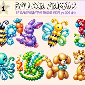 Clipart di animali con palloncini - 39 PNG divertenti per feste, illustrazioni di feste con palloncini contorti, download digitale istantaneo, uso commerciale