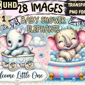 Baby Shower Elephants Clipart - 28 PNG Adorable Elephant Graphics, Shower Printables, Instant Digital Download, Unlimited Commercial Use