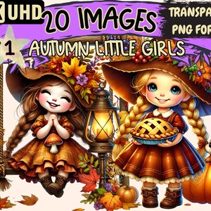 Autumn Little Girls Clipart - 20 PNG Fall-Themed Girl Illustrations, Seasonal Art, Instant Digital Download, Unlimited Commercial Use Crafts