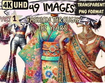 Fashion Through the Years Clipart – 49 PNG Vintage Art Illustrations (Digital Download)