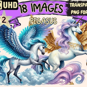 Pegasus (P2) Clipart - 18 PNG Mythical Horse Graphics, Fantasy Winged Horse Printables, Instant Digital Download, Unlimited Commercial Use