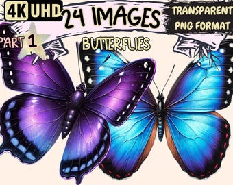 May include: Two butterflies with intricate wing patterns. One butterfly has purple and blue wings with black markings. The other butterfly has blue wings with black and red markings.  The butterflies are isolated on a white background.
