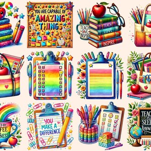 May include: A set of 10 digital clipart images featuring colorful school supplies, including pencils, crayons, markers, notebooks, and a chalkboard. The images are perfect for teachers, students, and anyone who loves school.