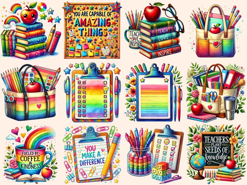 May include: A set of 10 digital clipart images featuring colorful school supplies, including pencils, crayons, markers, notebooks, and a chalkboard. The images are perfect for teachers, students, and anyone who loves school.