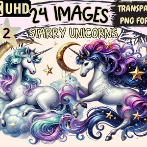 Starry Unicorns (P2) Clipart - 24 PNG Magical Unicorn Illustrations, Fantasy Printables, Instant Digital Download, Unlimited Commercial Use