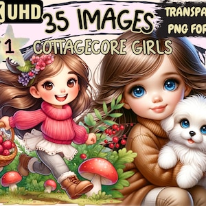 Cottagecore Girls Clipart - 35 PNG Whimsical Girl Graphics, Rustic Printables, Instant Digital Download, Unlimited Commercial Use for Crafts
