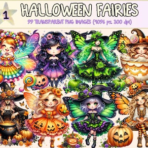 Halloween Fairies Clipart - 99 PNG Spooky Trick or Treat Illustrations, Cute Witch Art, Instant Digital Download, Unlimited Commercial Use