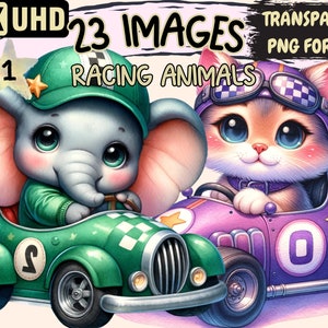 Racing Animals Clipart - 23 PNG Kart Animals Graphics, Cute Little Animals Printables, Instant Digital Download, Unlimited Commercial Use