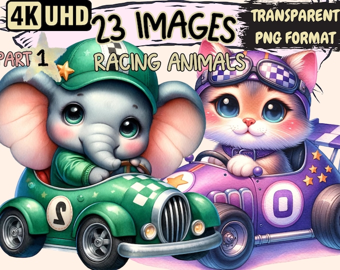 Racing Animals Clipart - 23 PNG Kart Animals Graphics, Cute Little Animals Printables, Instant Digital Download, Unlimited Commercial Use