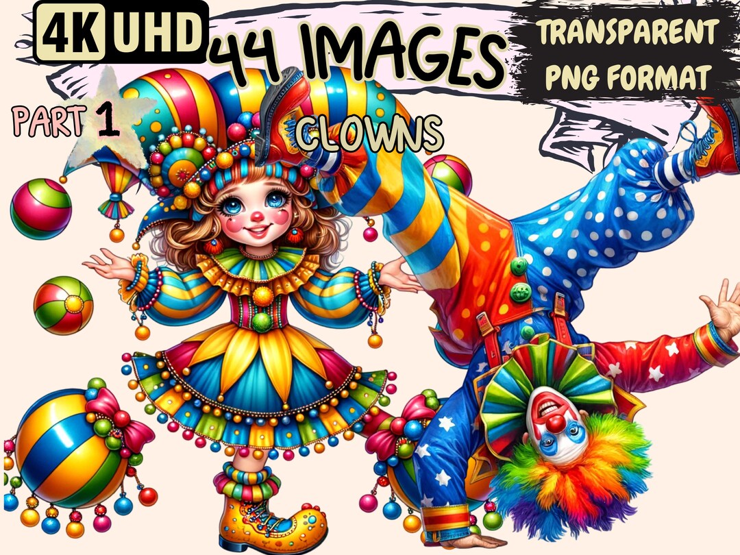 Clowns Clipart Bundle - 44 PNG Cute Colorful Clown Graphics, Adorable ...