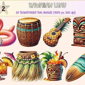 Hawaiian Luau (P2) Clipart - 30 PNG Tropical Summer Party Graphics, Island Celebration Illustrations,Instant Digital Download,Commercial Use