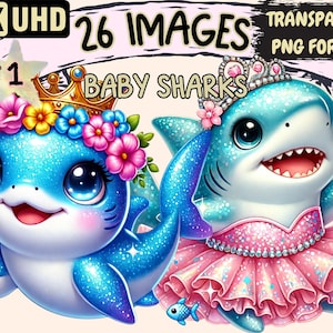 Baby Sharks Clipart - 26 PNG Cute Shark Illustrations, Adorable Ocean Art, Instant Digital Download, Unlimited Commercial Use for Crafts