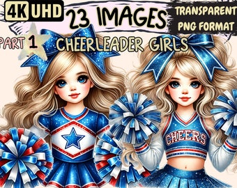 Puede incluir: Dos animadoras con cabello rubio y ojos azules visten uniformes de animadora azules y rojos. Tienen pompones en sus manos. El texto "CHEERS" está en uno de los uniformes.