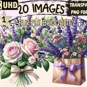 Purple Bouquets Clipart - 20 PNG Elegant Floral Graphics, Purple Printables, Instant Digital Download, Unlimited Commercial Use for Crafts