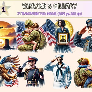 Veterans & Military Clipart - 24 PNG Patriotic Graphics, USA Armed Forces Tribute Illustrations, Instant Digital Download, Commercial Use