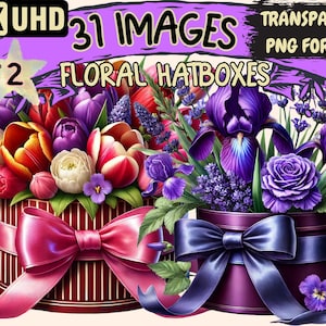 Floral Hatboxes (P2) Clipart - 31 PNG Elegant Flower Hatbox Illustrations, Vintage Art, Instant Digital Download, Unlimited Commercial Use