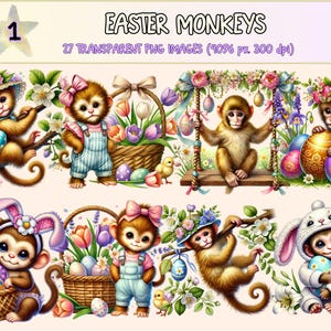 Easter Monkeys Clipart - 27 PNG Cute Spring Graphics, Festive Springtime Monkey Illustrations, Instant Digital Download, Commercial Use