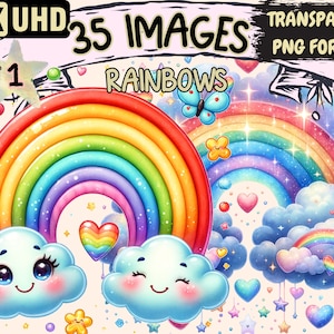Rainbows Clipart - 35 PNG Colorful Rainbow Graphics, Cheerful Printables, Instant Digital Download, Unlimited Commercial Use for Crafts