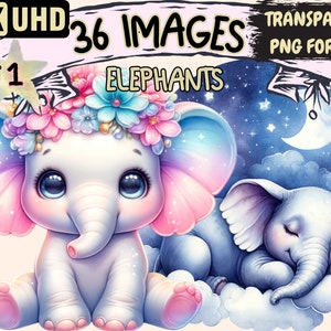 Elephant Clipart - 36 PNG Adorable Elephant Graphics, Cute Playful Printables, Instant Digital Download, Unlimited Commercial Use for Crafts