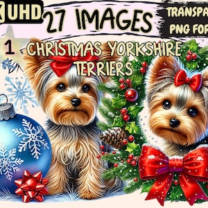 Christmas Yorkshire Terriers Clipart - 27 PNG Festive Yorkie Illustrations, Holiday Art, Instant Digital Download, Unlimited Commercial Use