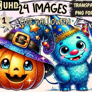 Cute Halloween Clipart - 24 PNG Adorable Spooky Illustrations, Festive Art, Instant Digital Download, Unlimited Commercial Use for Crafts