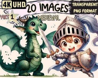Medieval Clipart - 20 PNG Adorable Knight and Dragons Graphics, Cute Kingdom Printables, Instant Digital Download, Unlimited Commercial Use