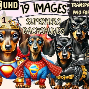 Superhero Dachshunds Clipart - 19 PNG Heroic Dog Illustrations, Canine Art, Instant Digital Download, Unlimited Commercial Use for Crafts