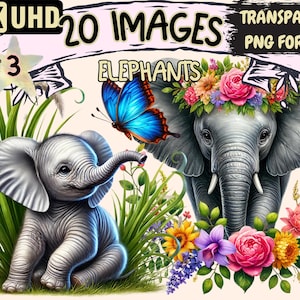Elephants (P3) Clipart - 20 PNG Cute Elephant Graphics, Adorable Animal Printables, Instant Digital Download, Unlimited Commercial Use Craft