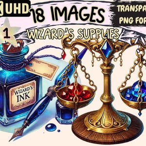 Clipart de fournitures de sorcier - 18 illustrations d'outils magiques PNG, art de la sorcellerie enchantée, téléchargement numérique instantané, usage commercial illimité