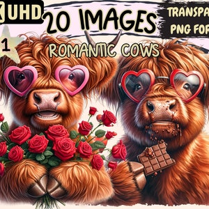 Romantic Cows Clipart - 20 PNG Valentine's Day Cows Graphics, Cute Cattle Printables, Instant Digital Download, Unlimited Commercial Use