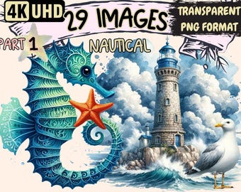 Nautical Clipart – 29 Maritime PNG Graphics, Sea Ocean Printables (Digital Download)