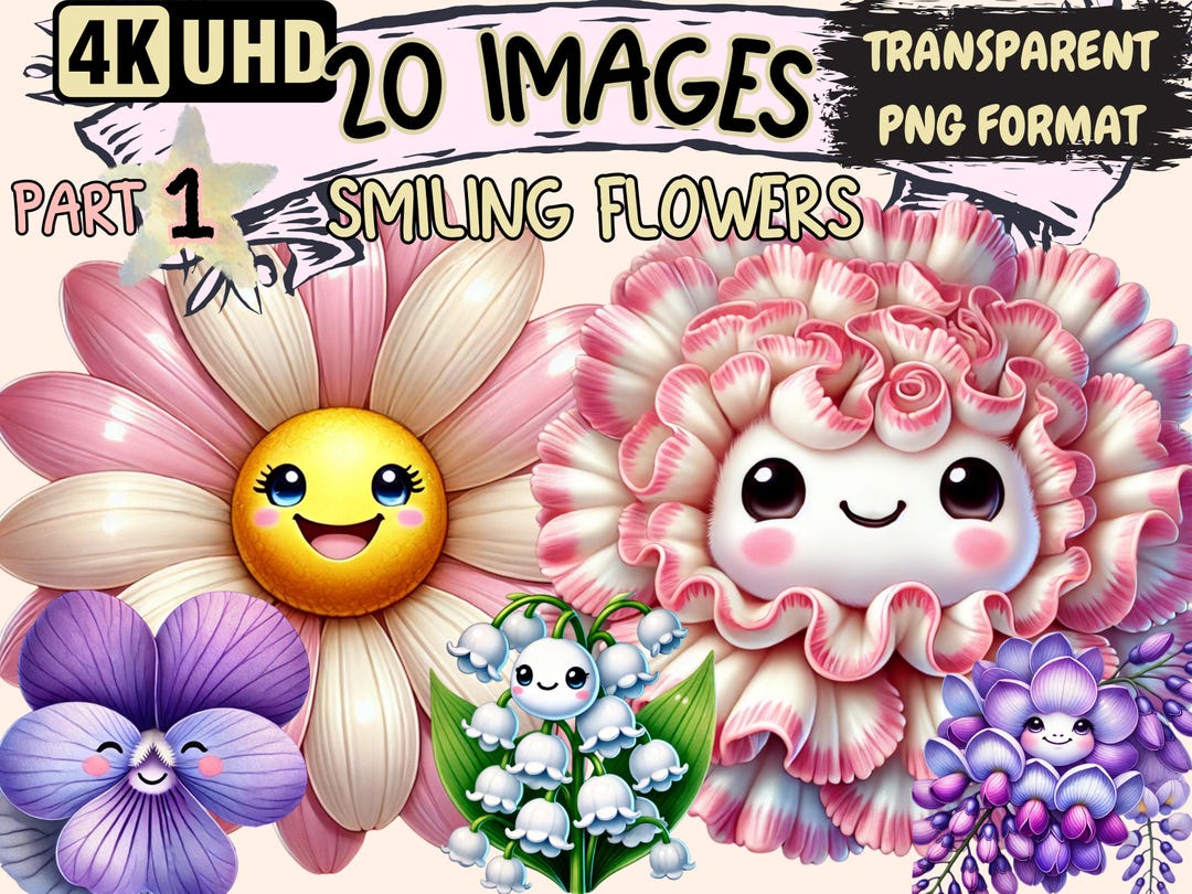 Smiling Flowers Clipart – Cheerful Floral PNG Illustrations (digital ...