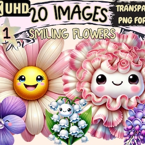 Smiling Flowers (P1) Clipart - 20 PNG Cheerful Floral Illustrations, Cute Flower Art, Instant Digital Download, Unlimited Commercial Use