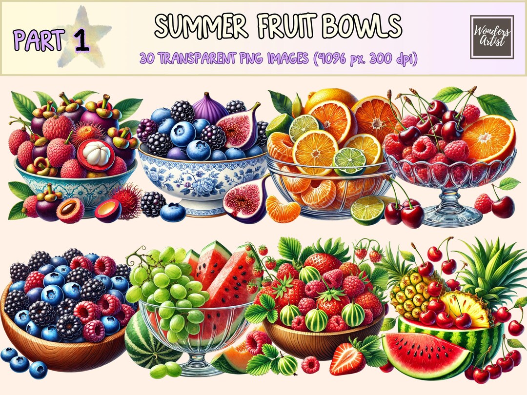 Watercolor Summer Fruit Bowls Clipart – 30 PNG Graphics (digital ...