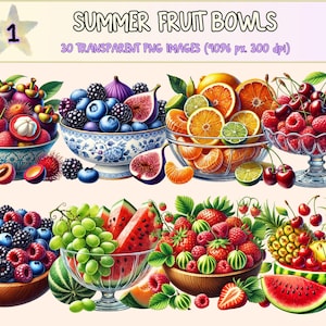 Summer Fruit Bowls Clipart - 30 PNG Fresh Fruit Graphics, Colorful Bowl Printable Illustrations, Instant Digital Download, Commercial Use