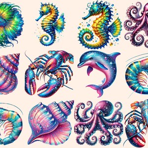 May include: A set of 10 colorful illustrations of sea creatures, including a seahorse, octopus, lobster, shrimp, seashell, and a dolphin. Each creature is depicted with a sparkly, iridescent finish.