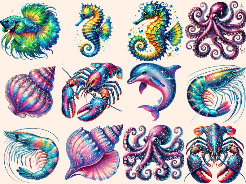 May include: A set of 10 colorful illustrations of sea creatures, including a seahorse, octopus, lobster, shrimp, seashell, and a dolphin. Each creature is depicted with a sparkly, iridescent finish.