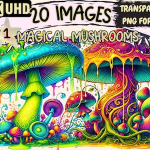 Magical Mushrooms Clipart - 20 PNG Mystical Fungi Illustrations, Enchanted Forest Art, Instant Digital Download, Unlimited Commercial Use