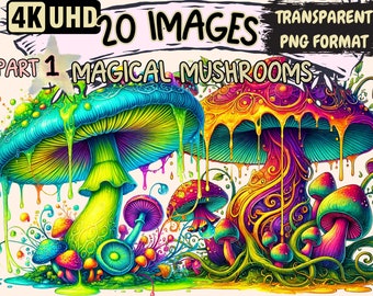 Magical Mushrooms Clipart - 20 PNG Mystical Fungi Illustrations, Enchanted Forest Art, Instant Digital Download, Unlimited Commercial Use