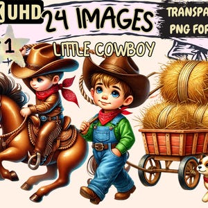 Little Cowboy Clipart - 24 PNG Cute Western Graphics, Adorable Cowboy Printables, Instant Digital Download, Unlimited Commercial Use Crafts