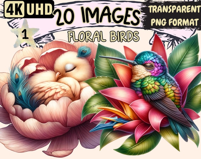 Floral Birds Clipart - 20 PNG Birds Sleeping In Flowers Graphics, Cute Flower Printables, Instant Digital Download, Unlimited Commercial Use