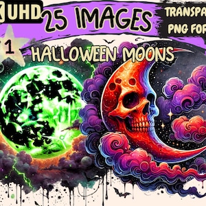 Halloween Moons Clipart - 25 PNG Spooky Moon Graphics, Witchy Moon Printables, Instant Digital Download, Unlimited Commercial Use for Crafts