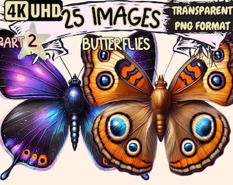 May include: Two butterflies with intricate wing patterns. One butterfly has purple and blue wings with a galaxy design. The other butterfly has brown wings with orange and black accents and large blue eyes.