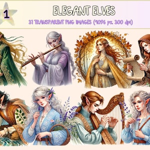 Elegant Elves Clipart - 31 PNG Fantasy Character Graphics, Mystical Regal Elf Print Illustrations, Instant Digital Download, Commercial Use