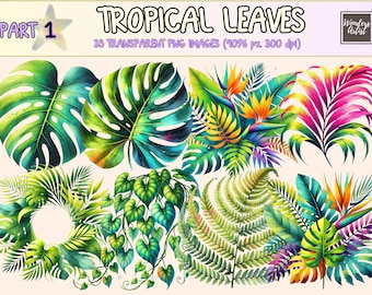 Watercolor Tropical Leaves Clipart – Jungle Foliage PNG (Digital Download)
