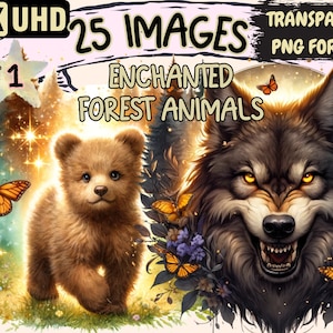 Enchanted Forest Animal Clipart - 25 PNG Whimsical Animal Graphics, Forest Printables, Instant Digital Download, Unlimited Commercial Use