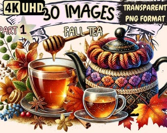 Fall Tea Clipart – 30 Cozy Autumn Beverage PNG Illustrations (Digital Download)