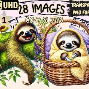 Cozy Sloths Clipart - 28 PNG Adorable Sloth Illustrations, Relaxing Scenes, Whimsical Art, Instant Digital Download,Unlimited Commercial Use